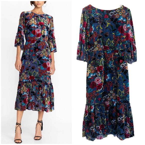 Johnny Was burnout velvet Floral Midi Dress NEW - Picture 1 of 15